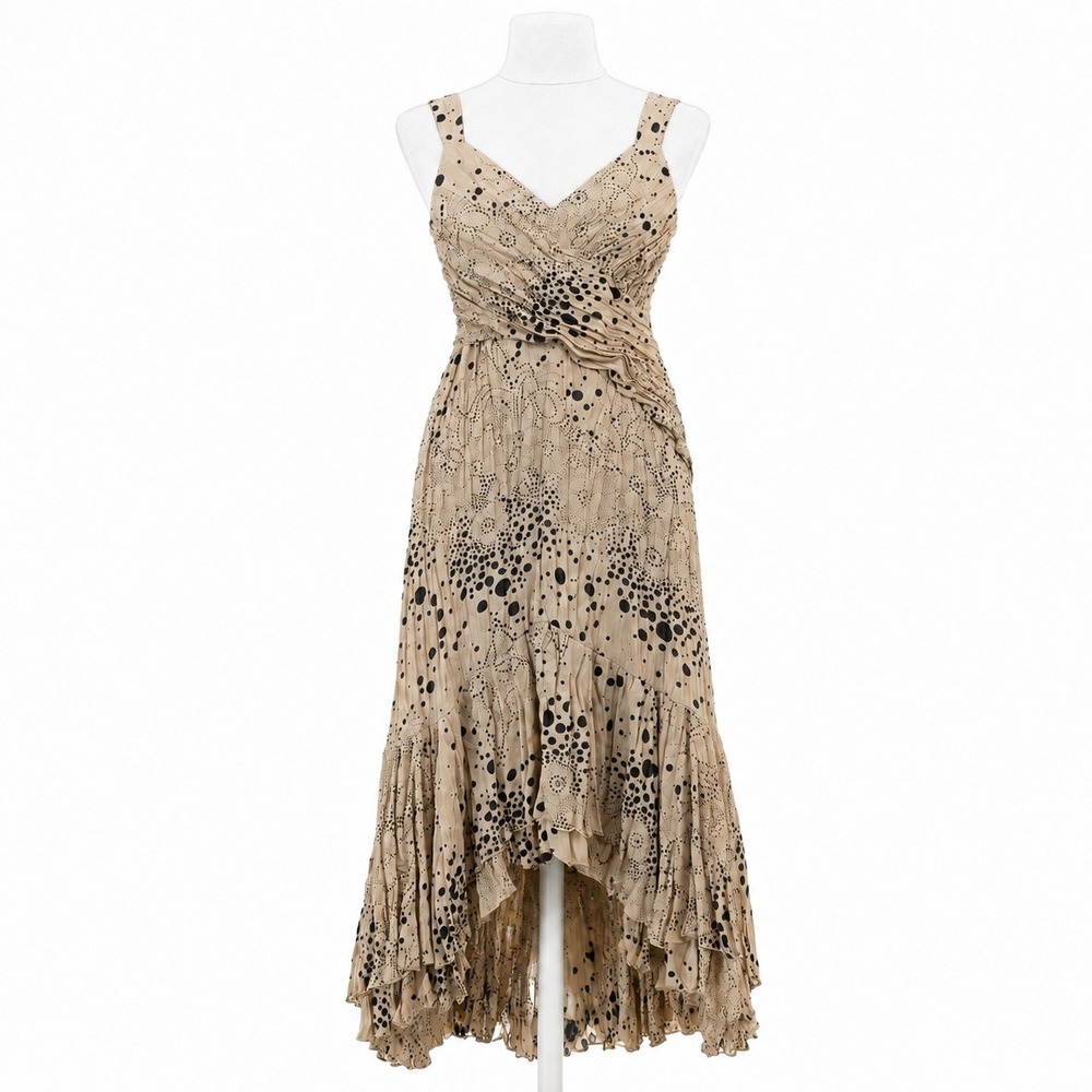 Vintage Y2K Fairy Grunge Maxi Dress Size 16 Tan Indie Ruffle Ruched Asymmetrical